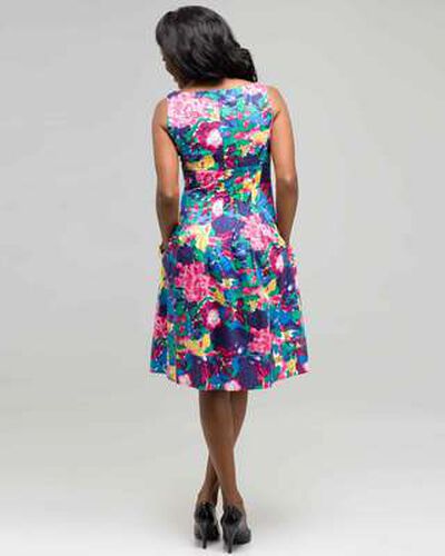 Floral V-Neck Dress, Neon Pink Multi, medium, image 2