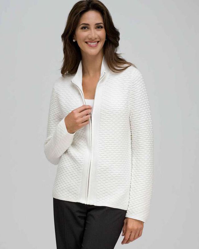 Textured Zip Front Cardigan, Sugar, large, image 1