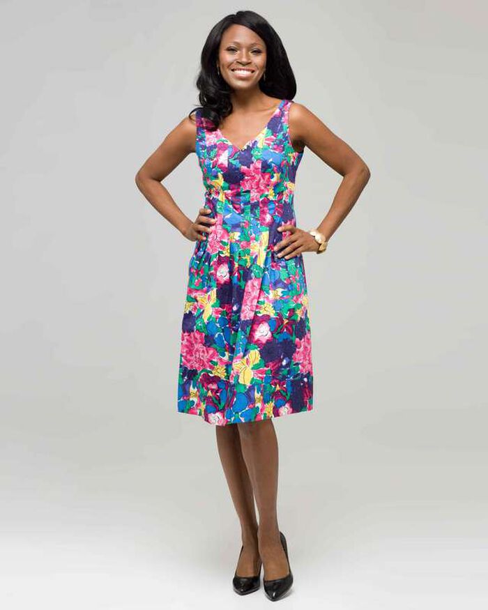Floral V-Neck Dress, Neon Pink Multi, large, image 1