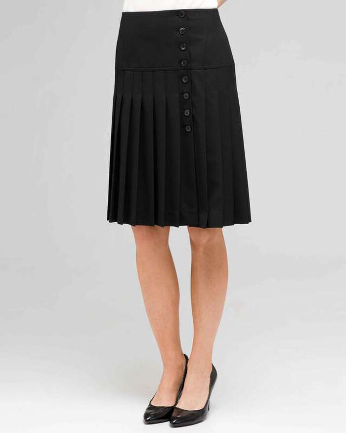 Side Button Pleated Skirt, Black, large, image 1